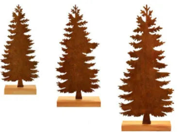 Three rusty metal Christmas decorations with elk and tree designs on white background