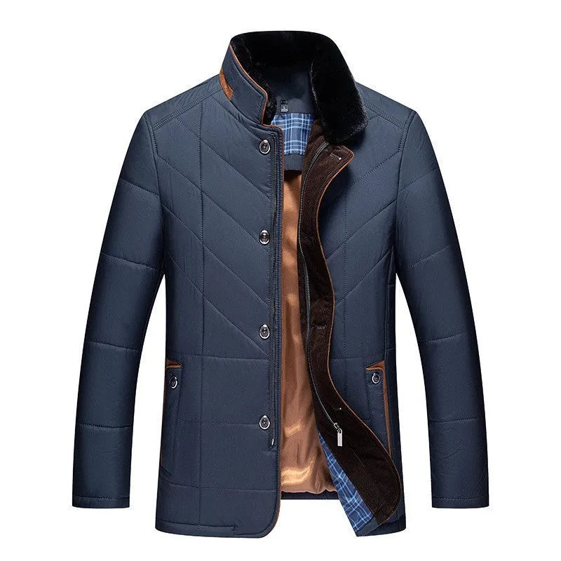 Men's solid colour short winter padded coat with side seam pockets, shown in dark blue.
