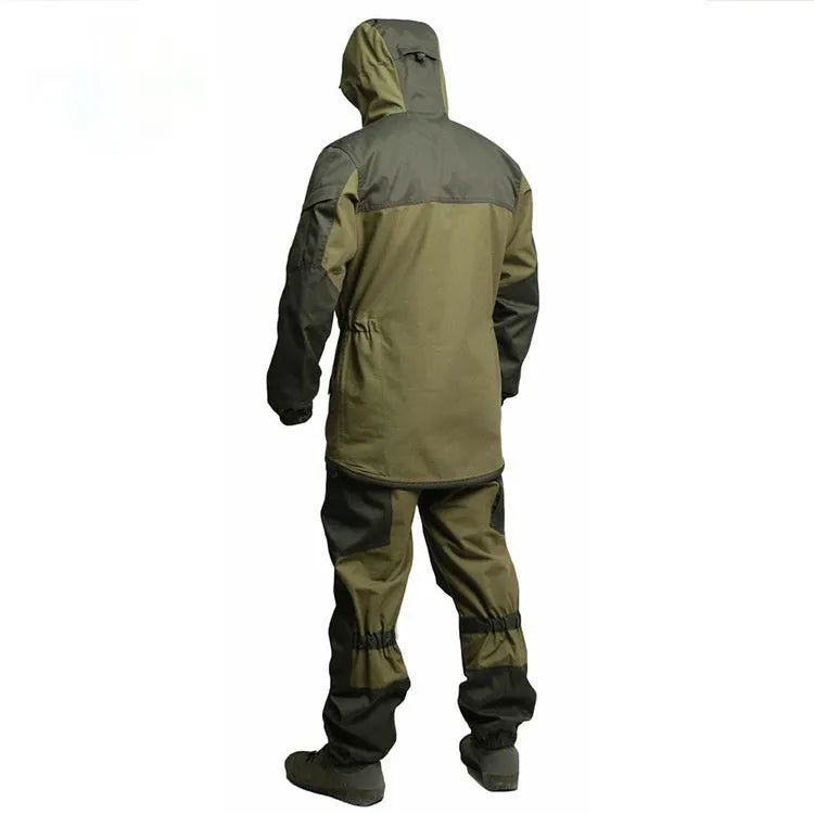 Men's special forces tactical jacket and trousers set in olive green, shown in an outdoor setting.
