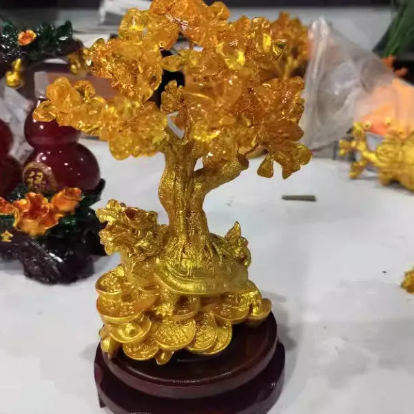 Citrine resin Feng Shui money tree ornament with small water turtle design measuring 18x11x23cm