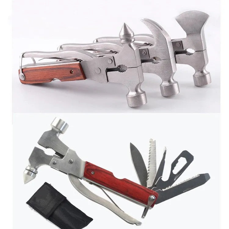 16-in-1 multi-functional car safety hammer made of solid steel with compact folded design and Oxford fabric carry bag