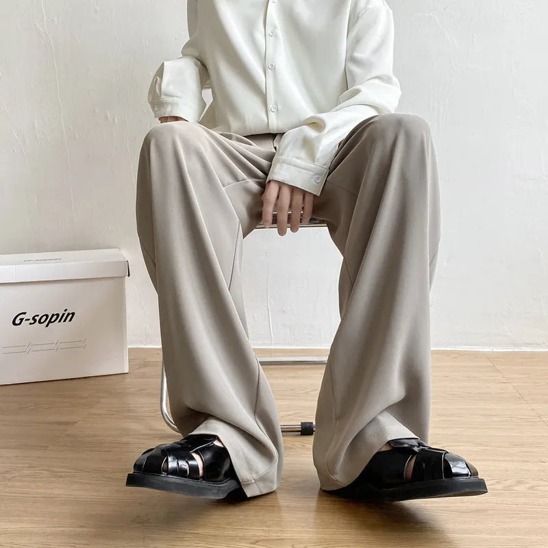 Men's loose straight casual trousers in solid colour, white black light gray polyester fabric
