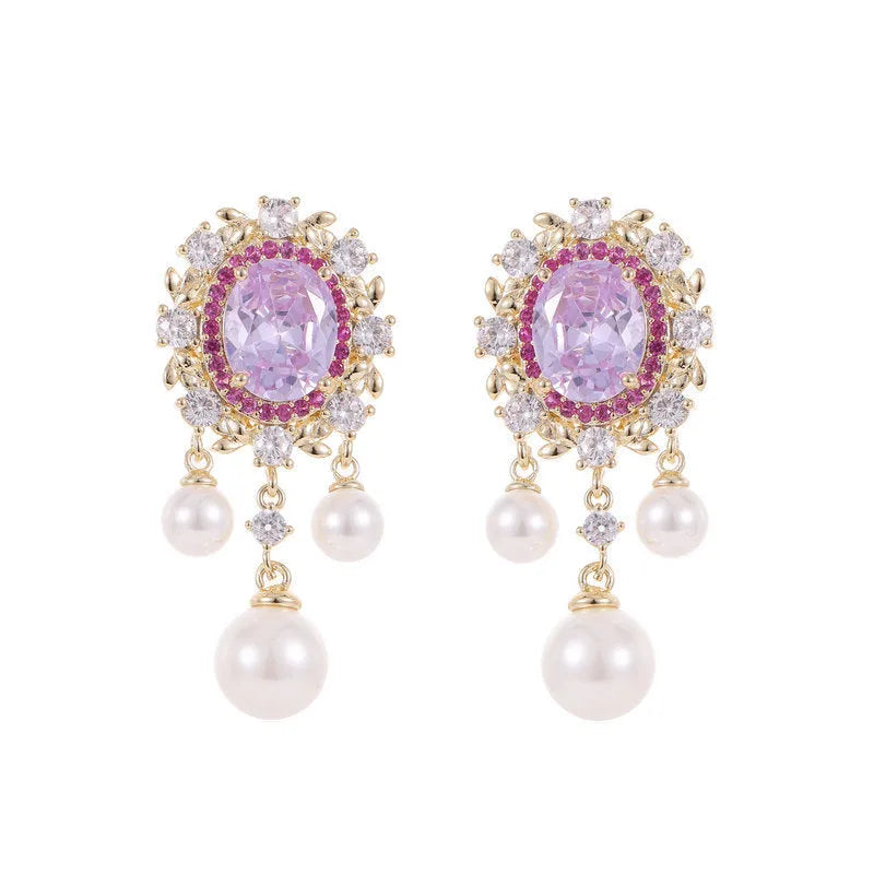 Oval-shaped geometric earrings with zircon inlay and pearl tassels in light purple colour