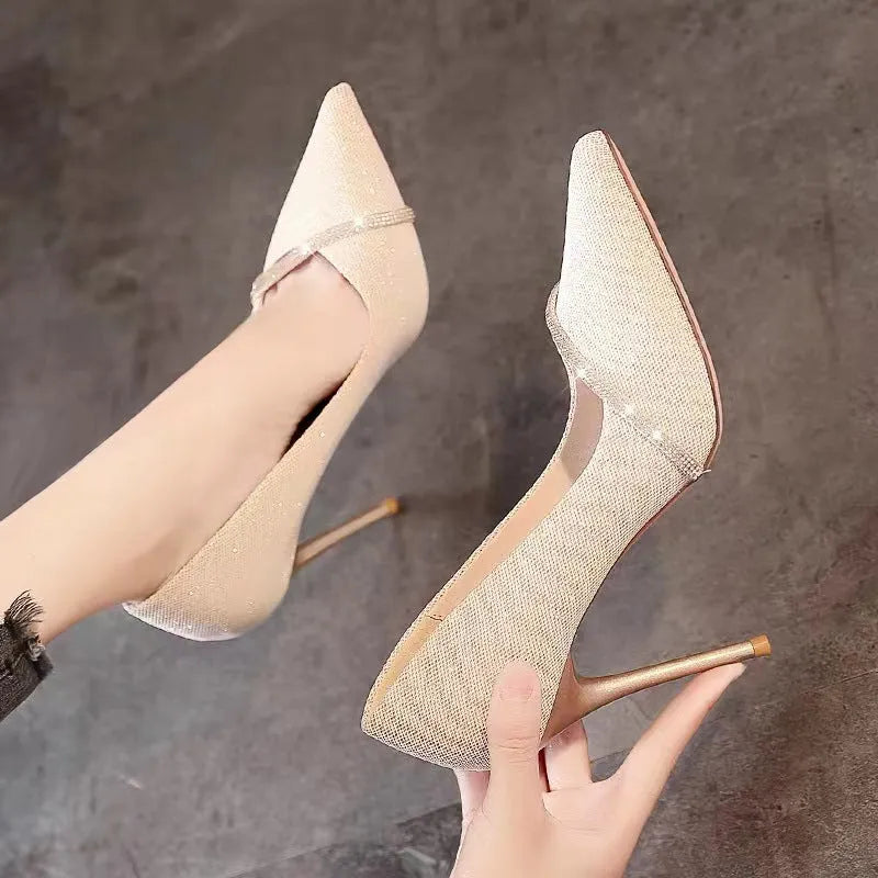 Women's stiletto pointed toe low-cut high heels in gold 6cm heel height with PU upper and rubber sole