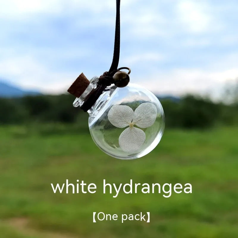 Glass fire extinguisher shaped pendant with preserved hydrangea flowers for car interior decoration