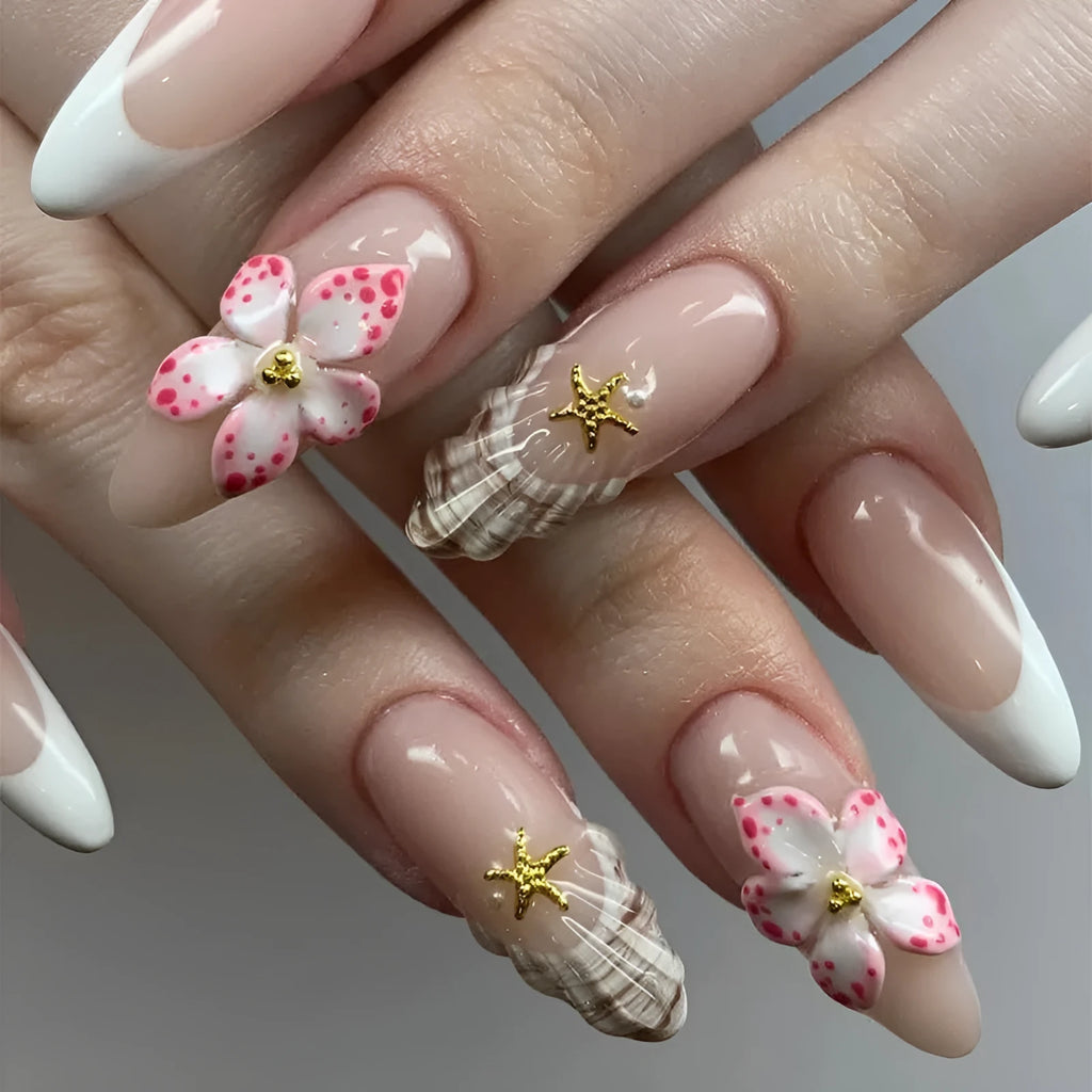 French style false nails with floral rock pattern and W1764 simple flowers design