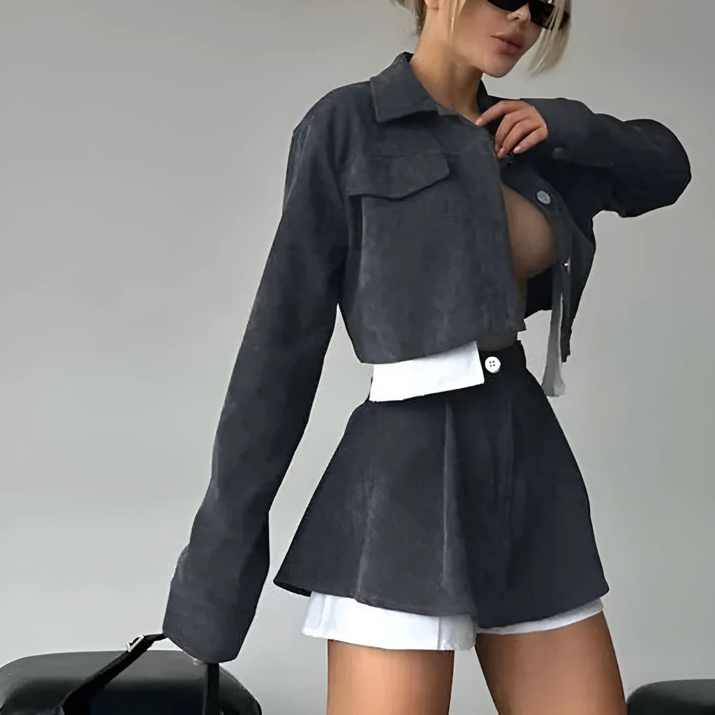 Women's two-piece set with long sleeve cardigan and cake short skirt in black, with blended fabric.