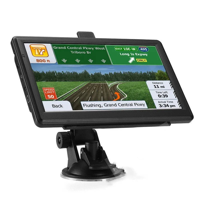 7 inch touch screen car GPS navigation device on a dashboard bracket