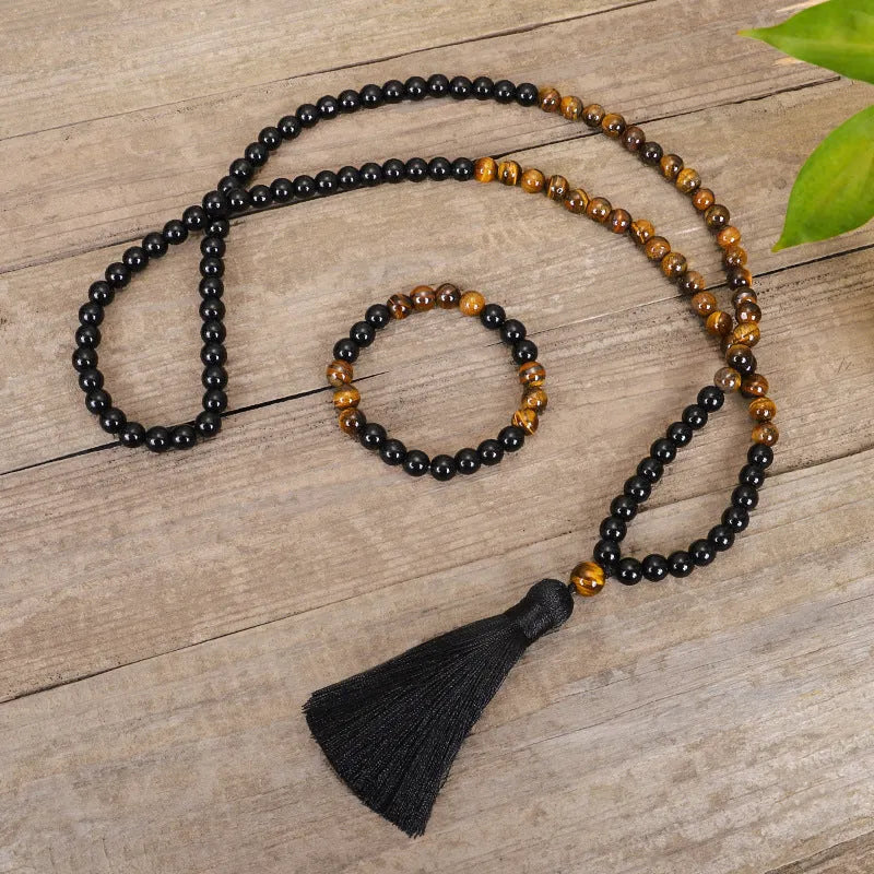 Handmade tiger eye stone tassel pendant necklace bracelet set on ball bead chain unisex drop shape national style