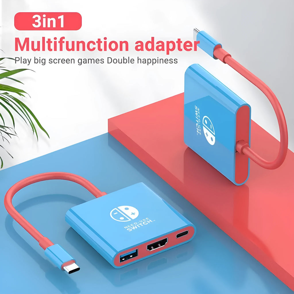 Three-in-one USB Type-C docking station converter with 15cm cable in black and red