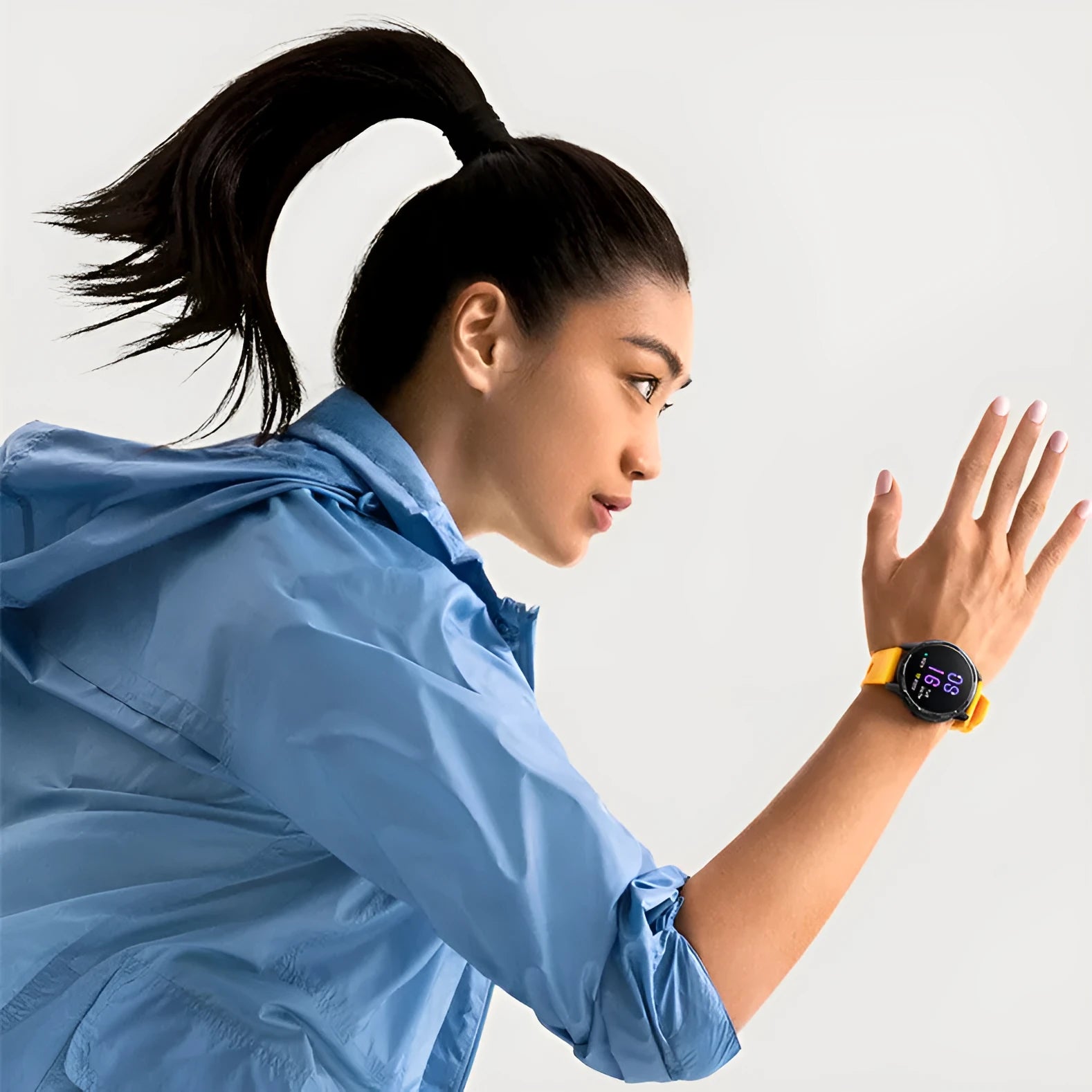 Smart watch with dual band GPS and motion pedometer features, swimming waterproof rating, and silicone wrist strap