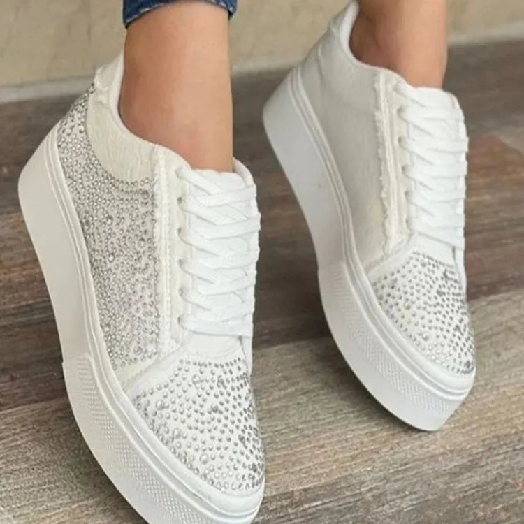 Plus size women's lace-up casual shoes with rhinestone accents on black PU upper
