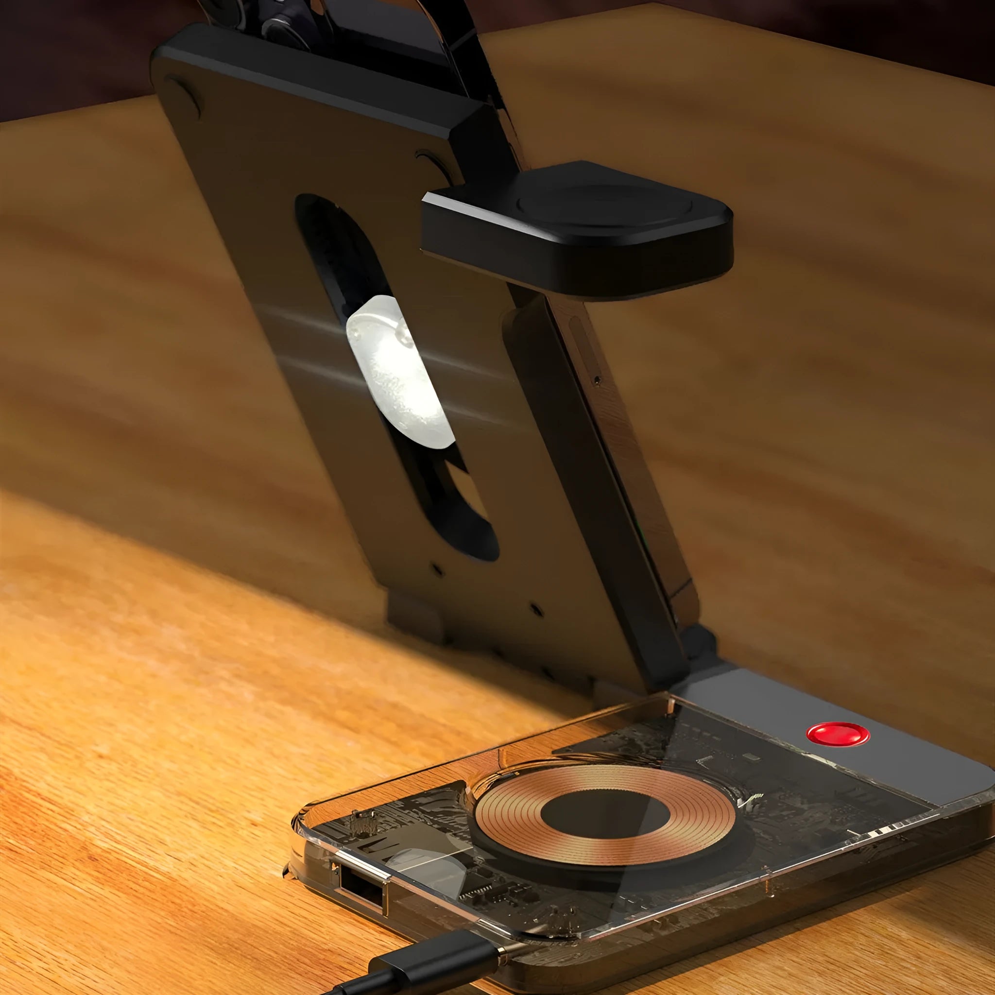 Black foldable desktop wireless charging stand with three charging positions, night light, and USB-A port on a desk