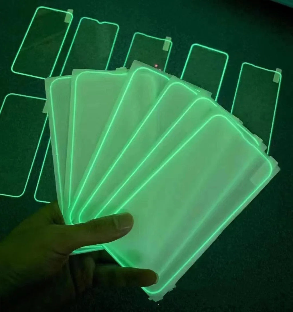 Fluorescent tempered glass screen protector for iPhone showing pink yellow green blue grass green colour options