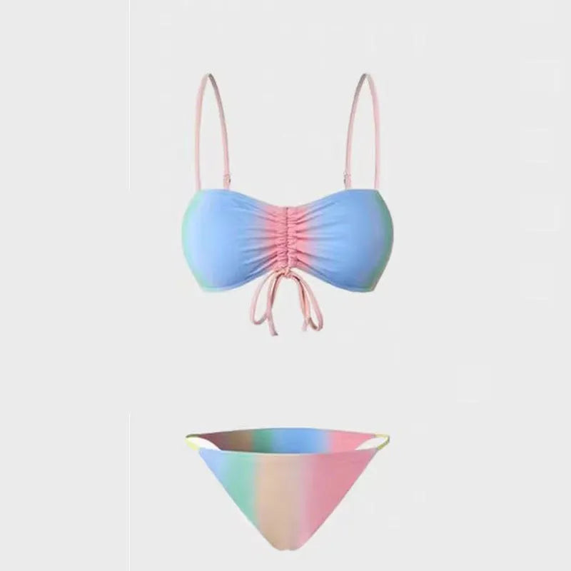 Women's lace-up triangle bikini swimsuit set in colour matching design with polyester fabric, sizes XS to XL