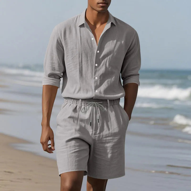 Men's casual linen beach suit set featuring a long sleeve shirt and matching shorts.