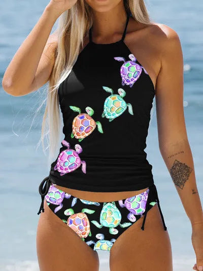 European and American ladies conservative printed split colourful swimsuit in polyester with high elasticity for swimming and wading