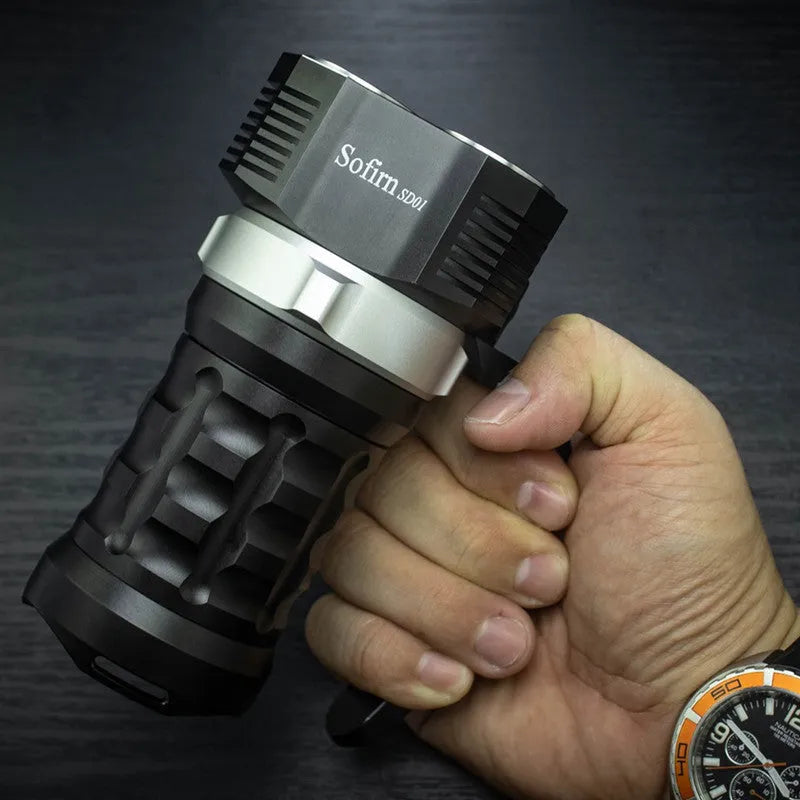 Aluminium alloy diving torch flashlight showing 18cm length and design for outdoor use.