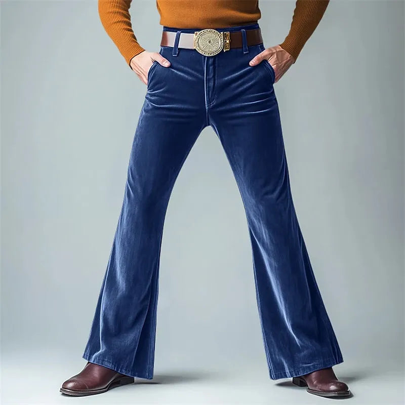 Men's gold velvet slim flared suit trousers with solid colour finish for formal banquet wear