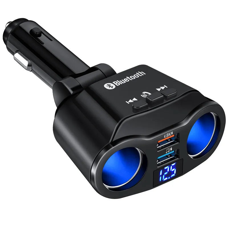 Black car Bluetooth FM transmitter plugged into a vehicle cigarette lighter socket for wireless audio streaming.