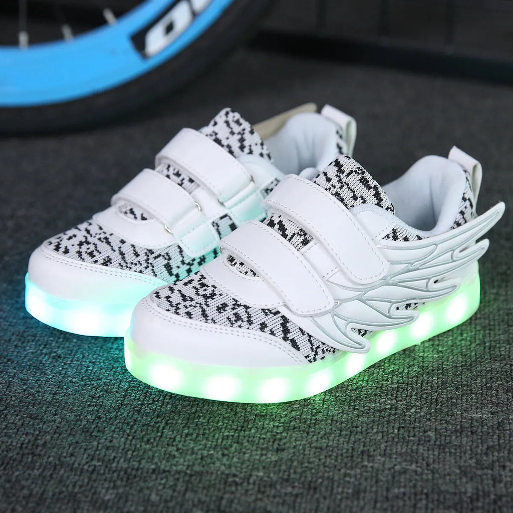 Children's plum red and white LED light-up sneakers with USB charging port