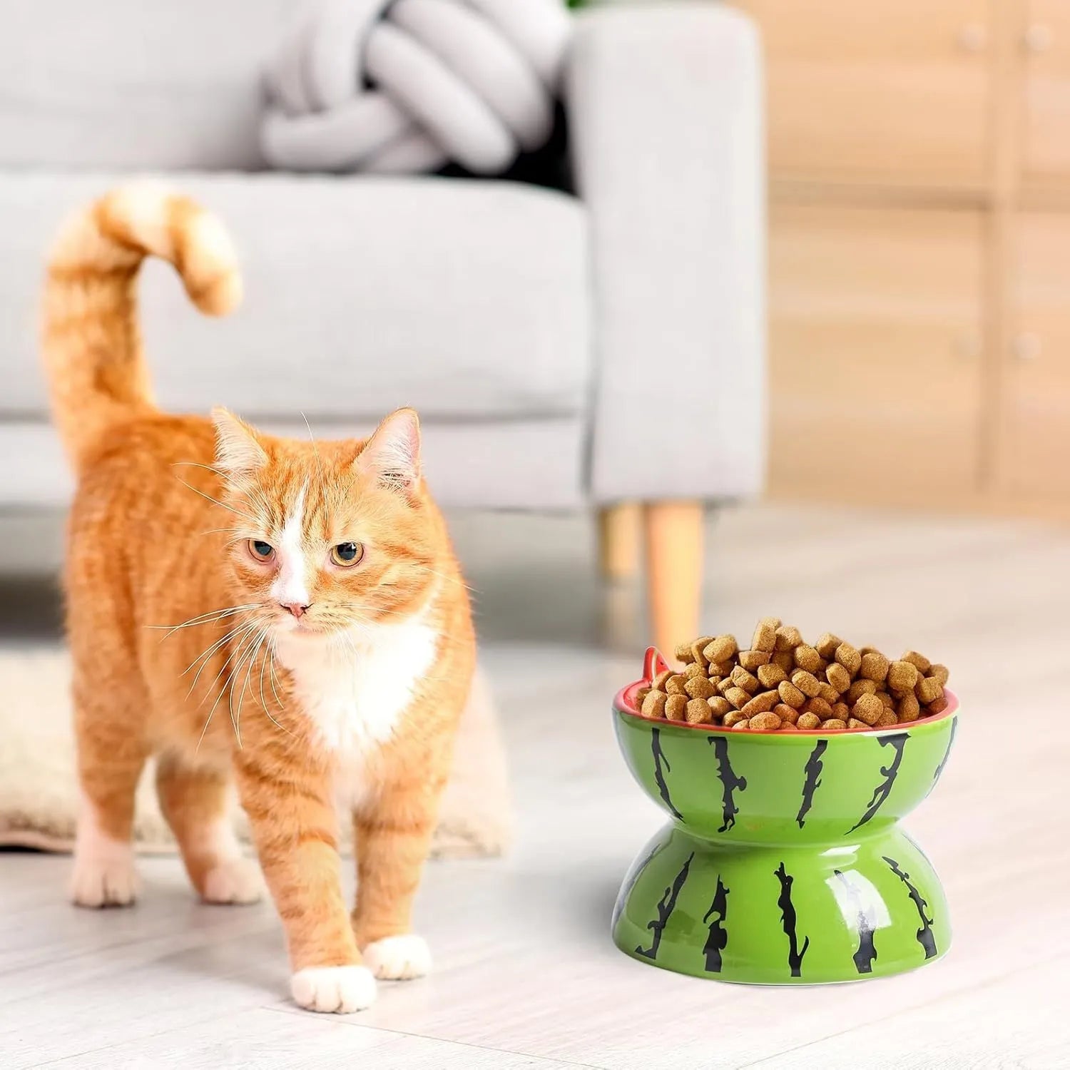 Ceramic elevated cat bowl with a tilted, widened dish and decorative pattern on a white background.