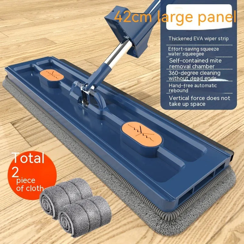 Large flat mop with rotating blue head on stainless steel handle next to white and blue cleaning cloths