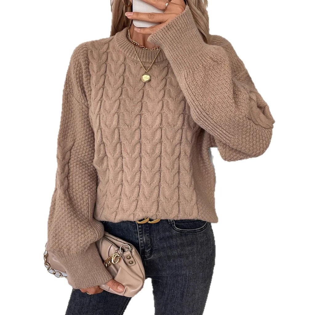 Women's beige loose pullover sweater with twist detail and round neck