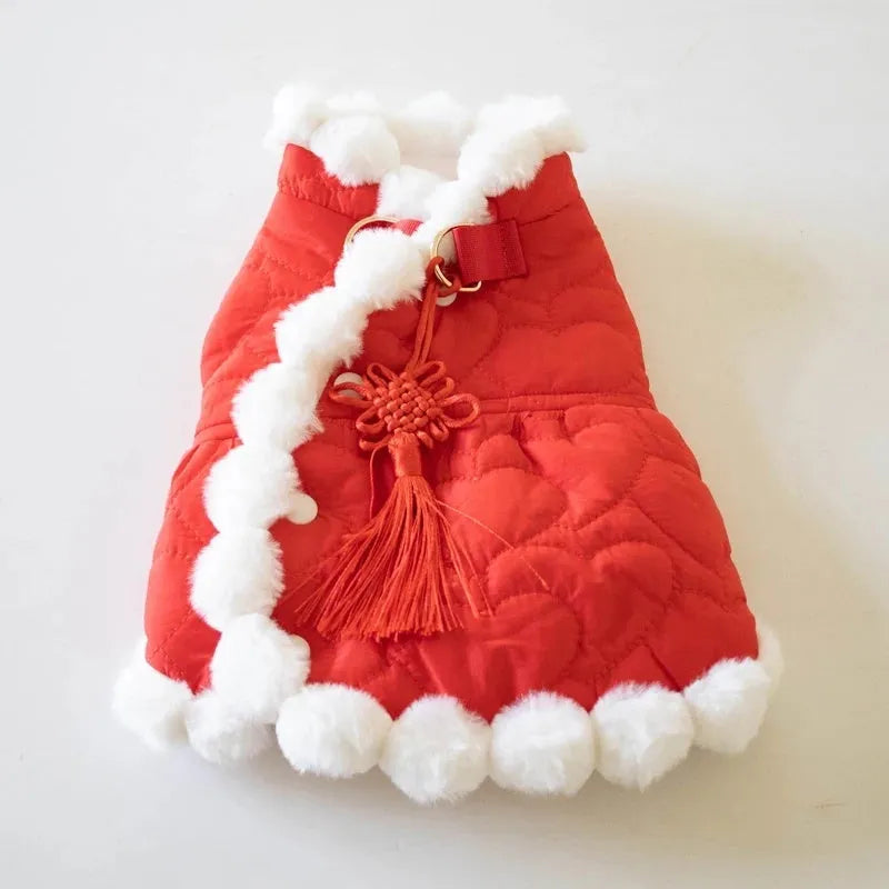Red cotton pet coat with fur collar and Chinese knot detail for autumn and winter
