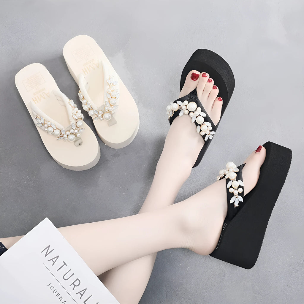Women's beige high-heeled flip-flops with a cotton cloth upper, shown from the side.