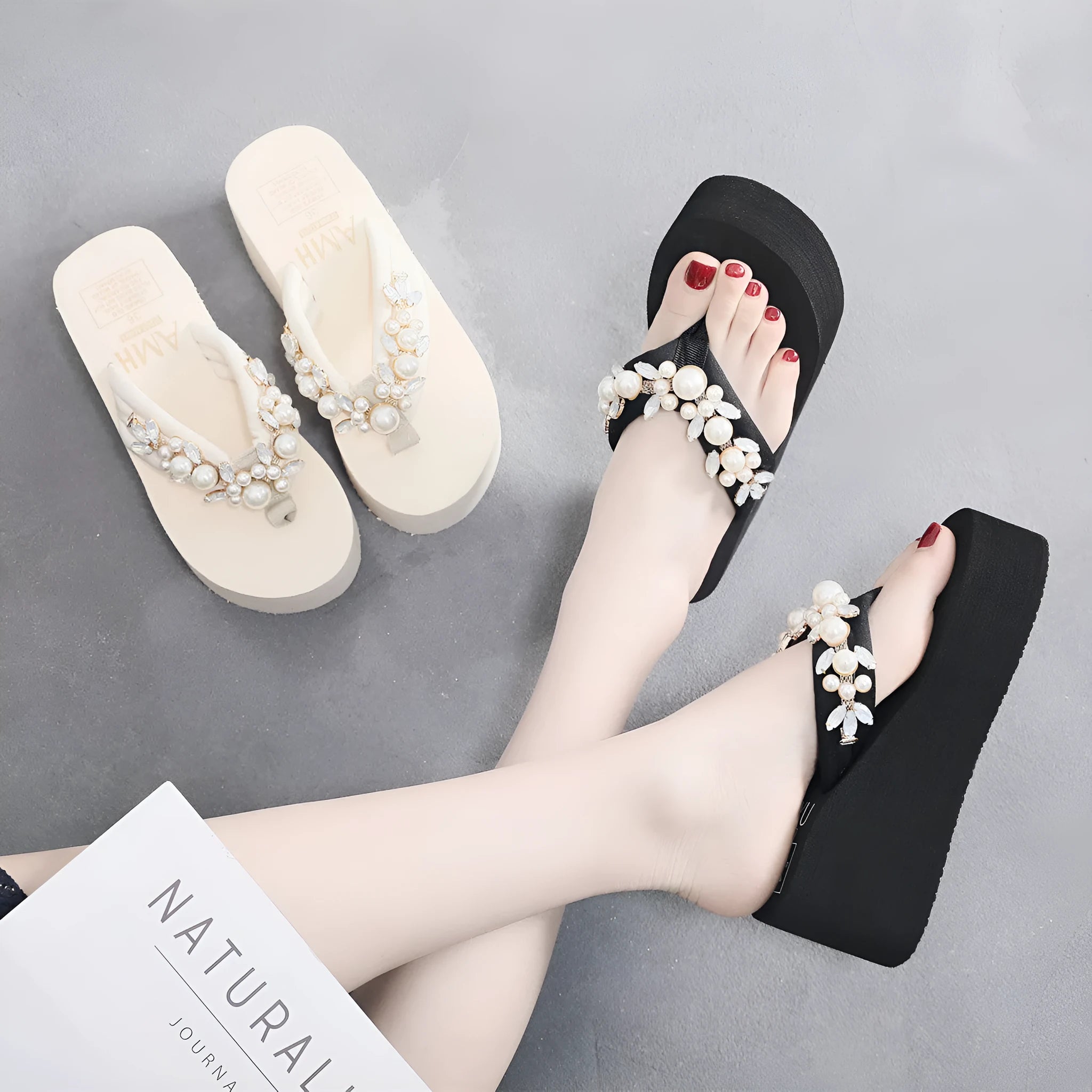 Women's beige high-heeled flip-flops with a cotton cloth upper, shown from the side.