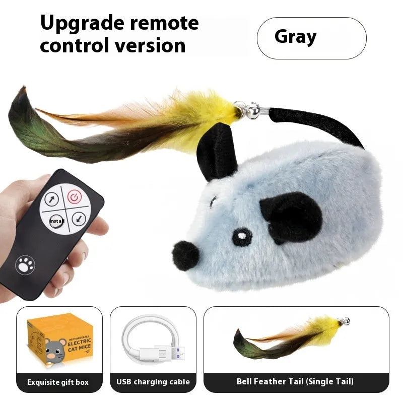Intelligent charging simulation electric little mouse cat teaser toy in gray with double tail decoration on a light surface
