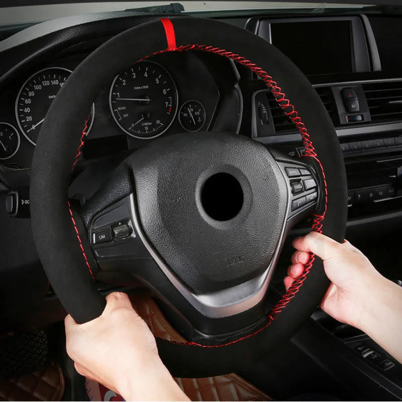 Black blue DIY suede steering wheel cover for 38cm automobile steering wheels
