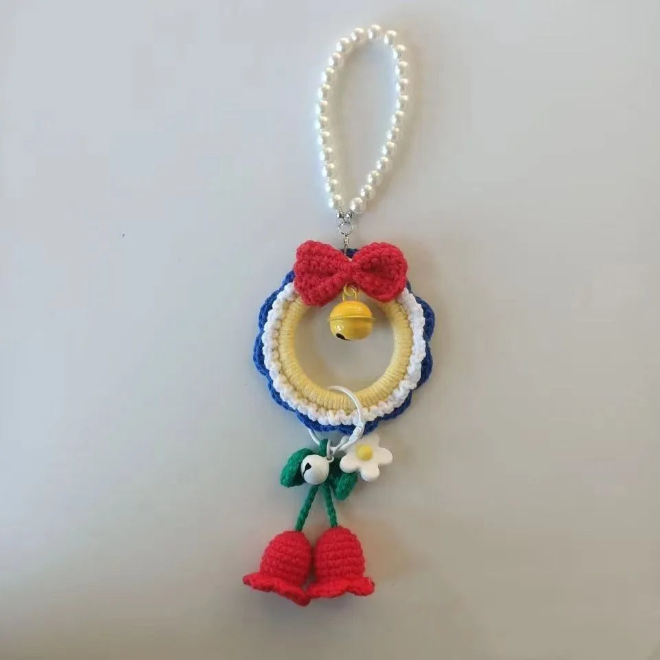 Handmade plush yarn car hanging pendant in Snow White colour with red wind chime option