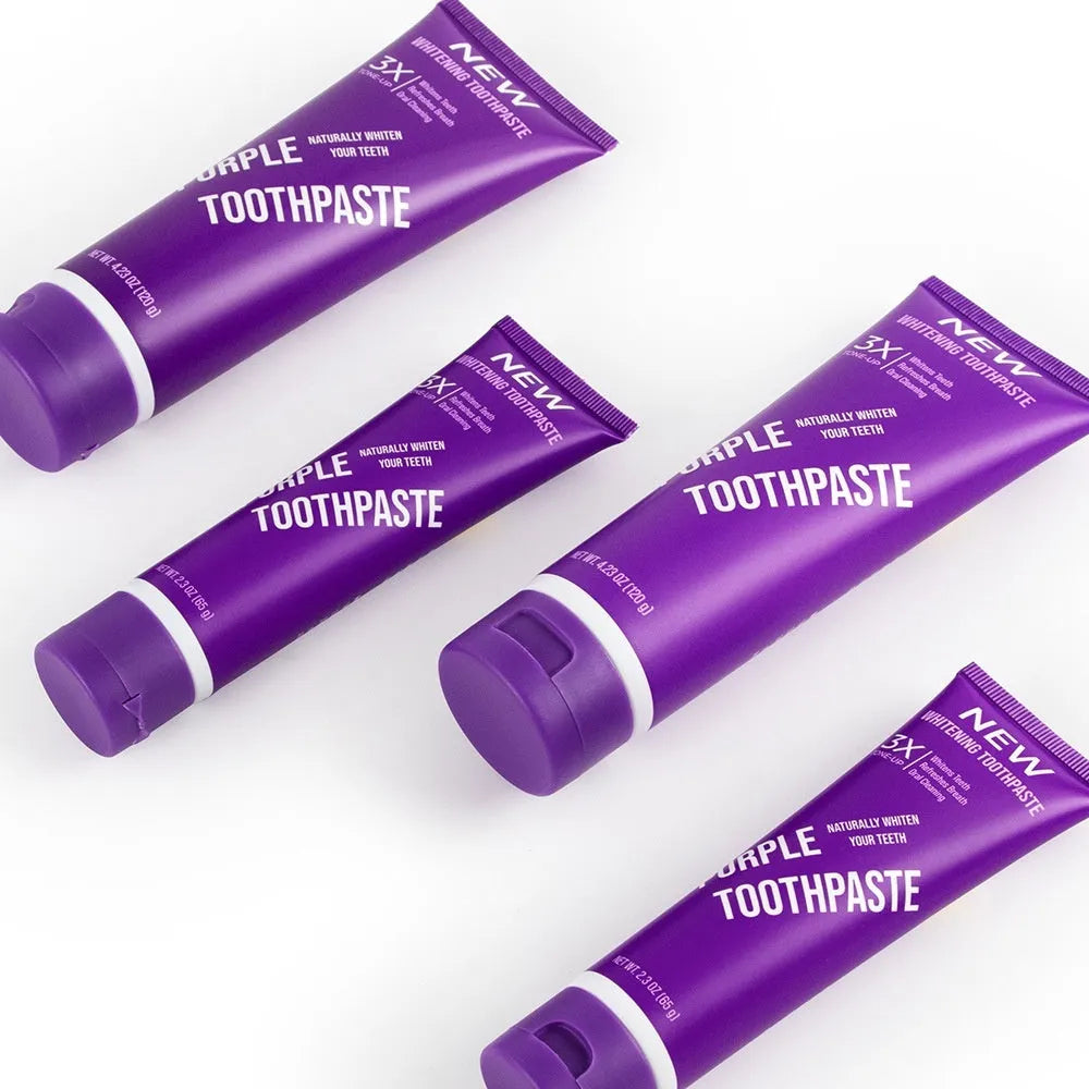 Purple whitening toothpaste tube for adults, shown in 120g and 65g size options for removing yellow stains.