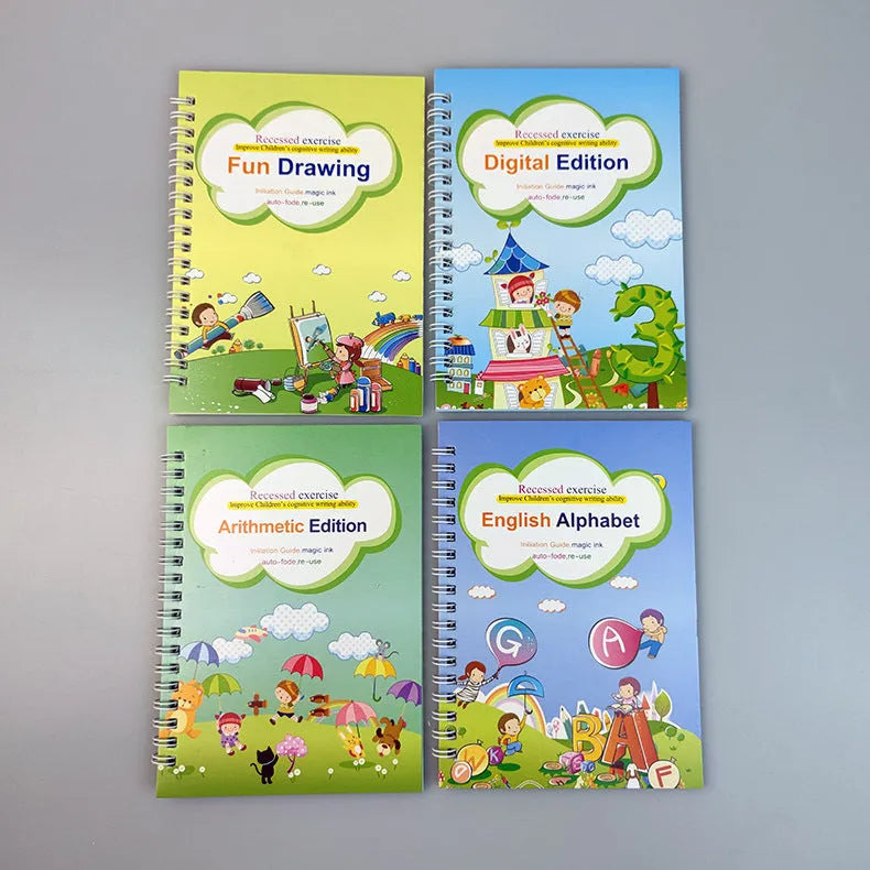 Reusable magic stylus copybook set with groove tracking, four A5 cardboard books, one pen, and four refills