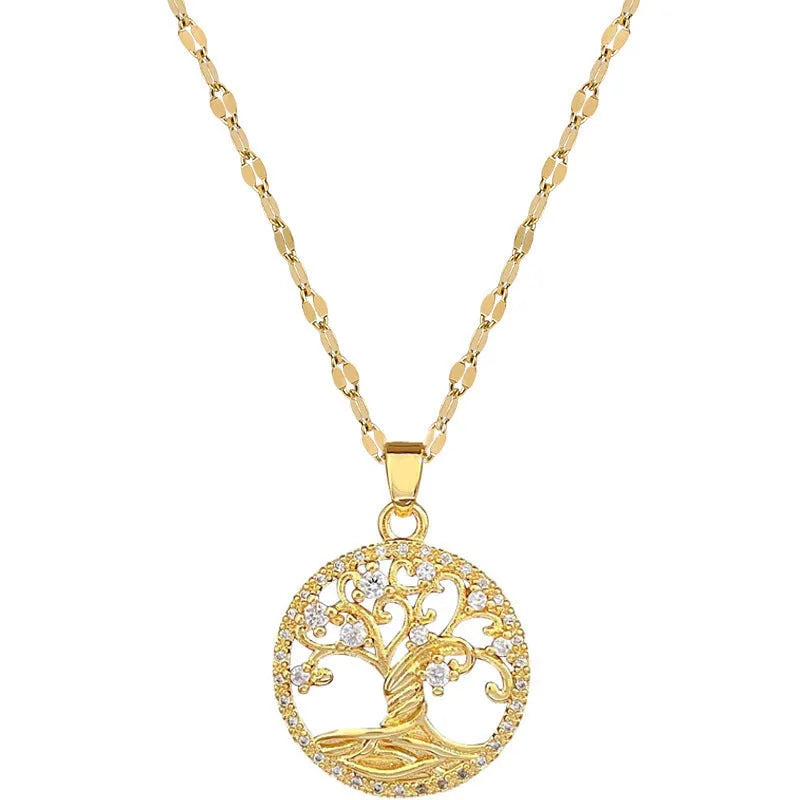 Gold-plated cross necklace with mother pearl pendant featuring zircon lucky tree design on adjustable chain