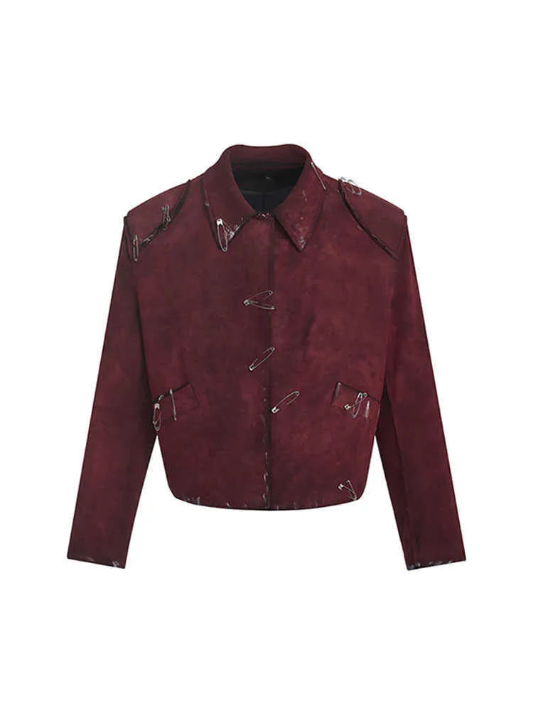 Men's thick quilted flocking decorative pin jacket coat in red with lapel collar loose fit