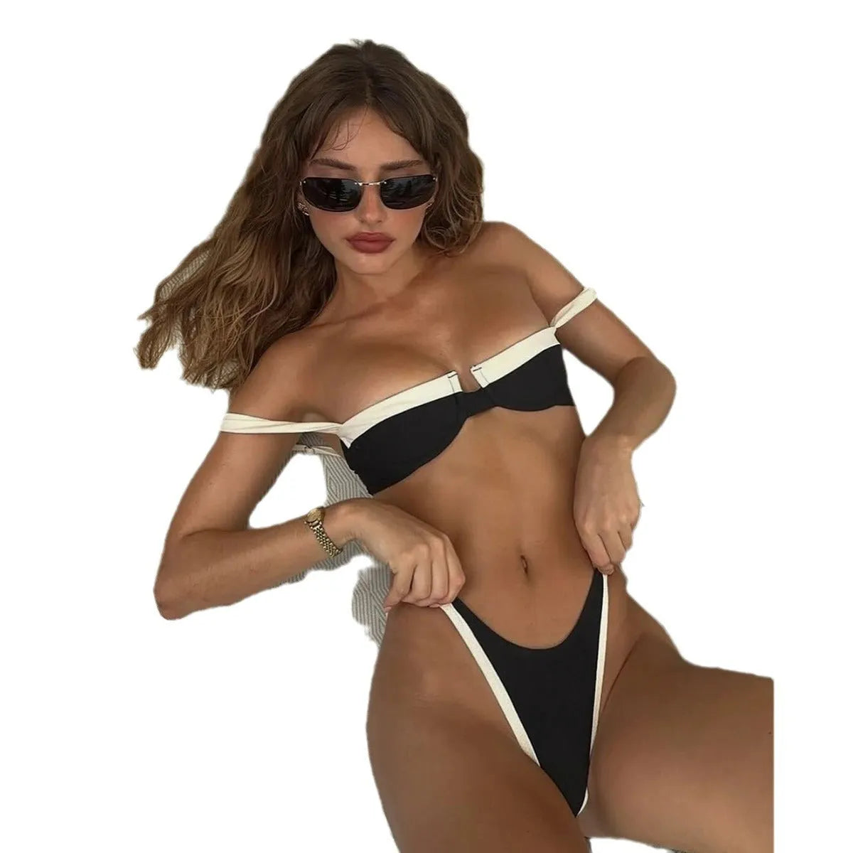 Black women's bikini set with stitching detail, nylon fabric, brief style, sizes S M L