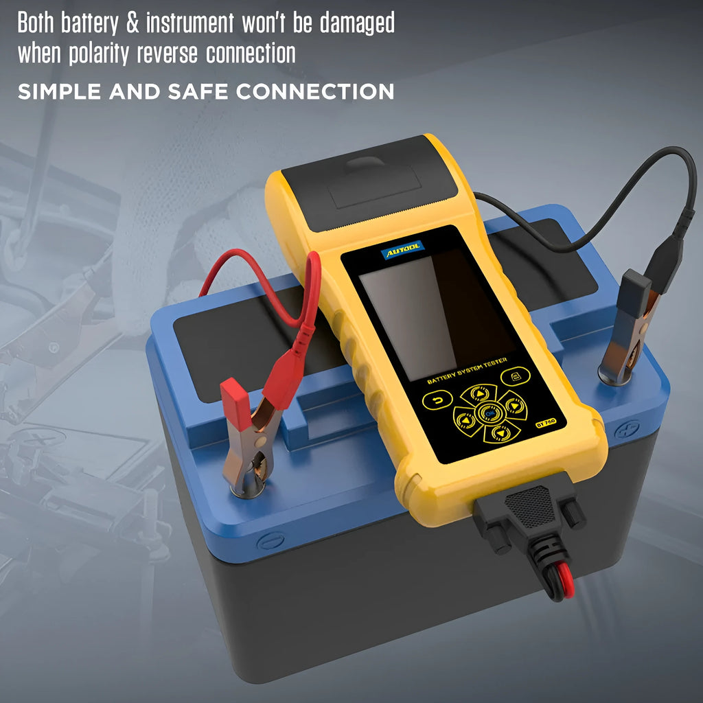 Autool BT760 vehicle battery tester with colour screen and connection clips on workshop bench