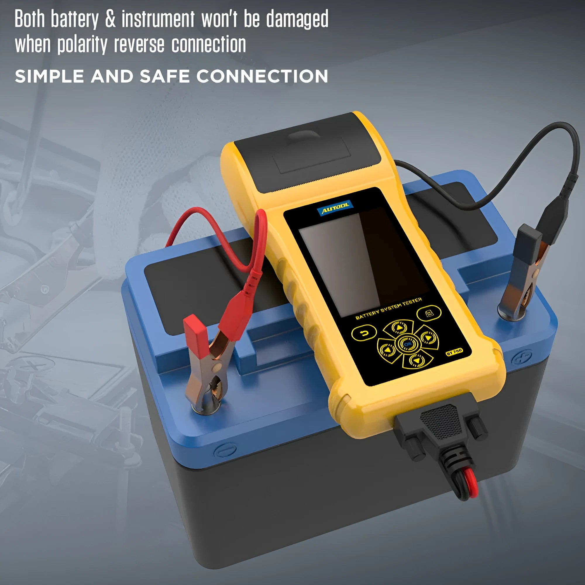Autool BT760 vehicle battery tester with colour screen and connection clips on workshop bench