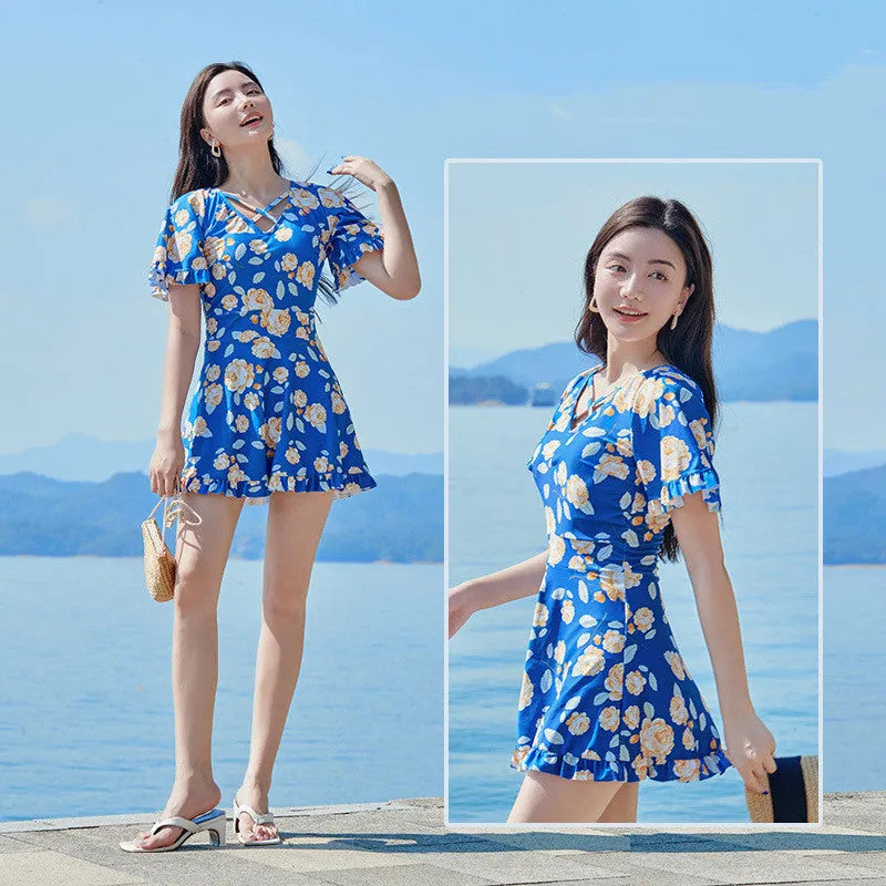 Women's high waist slimming printed one-piece swimsuit with white flower pattern on polyester in size M L XL XXL
