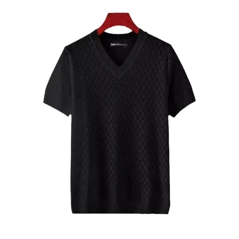Men's Ice Silk V-neck T-shirt Korean style black and white options