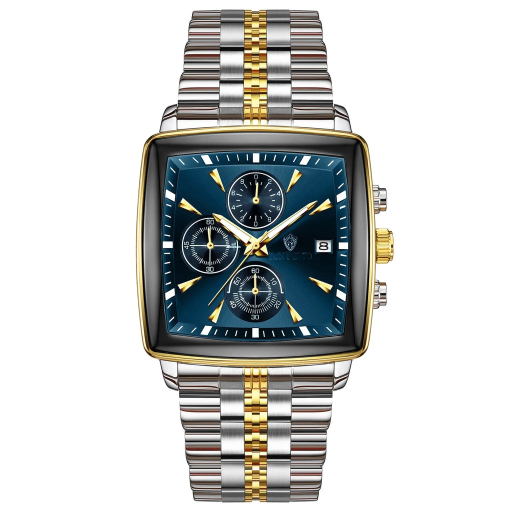 Men's stainless steel waterproof quartz watch with rectangular luminous dial and silver strap on white background