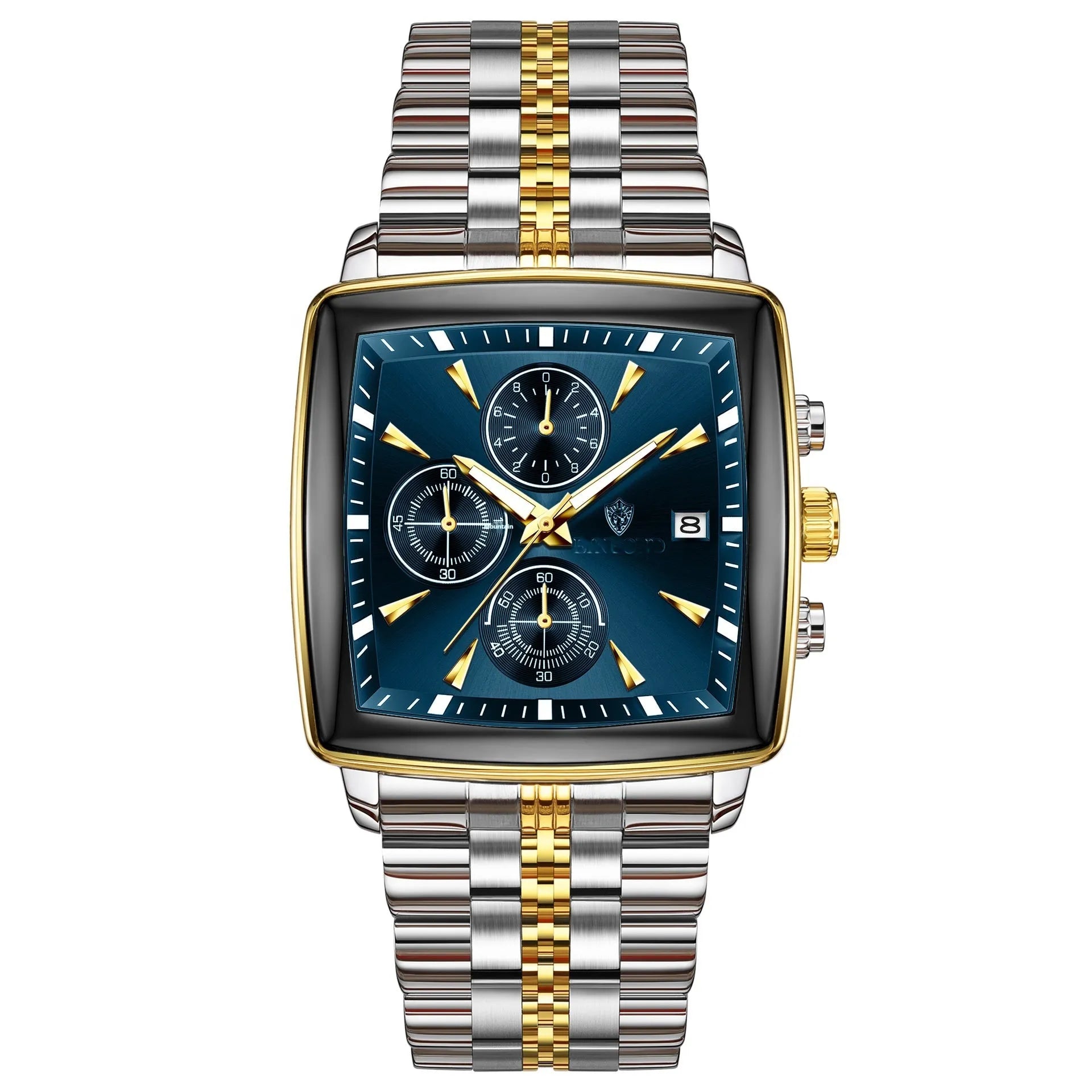 Men's stainless steel waterproof quartz watch with rectangular luminous dial and silver strap on white background