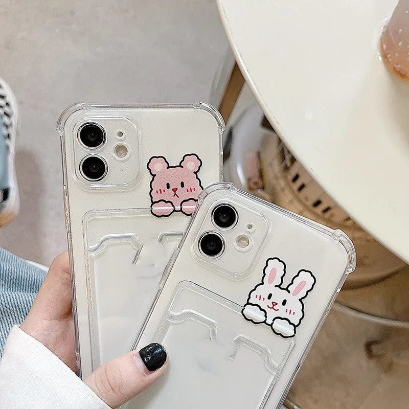 Transparent cartoon design iPhone case with integrated card holder slot for Apple iPhone models.