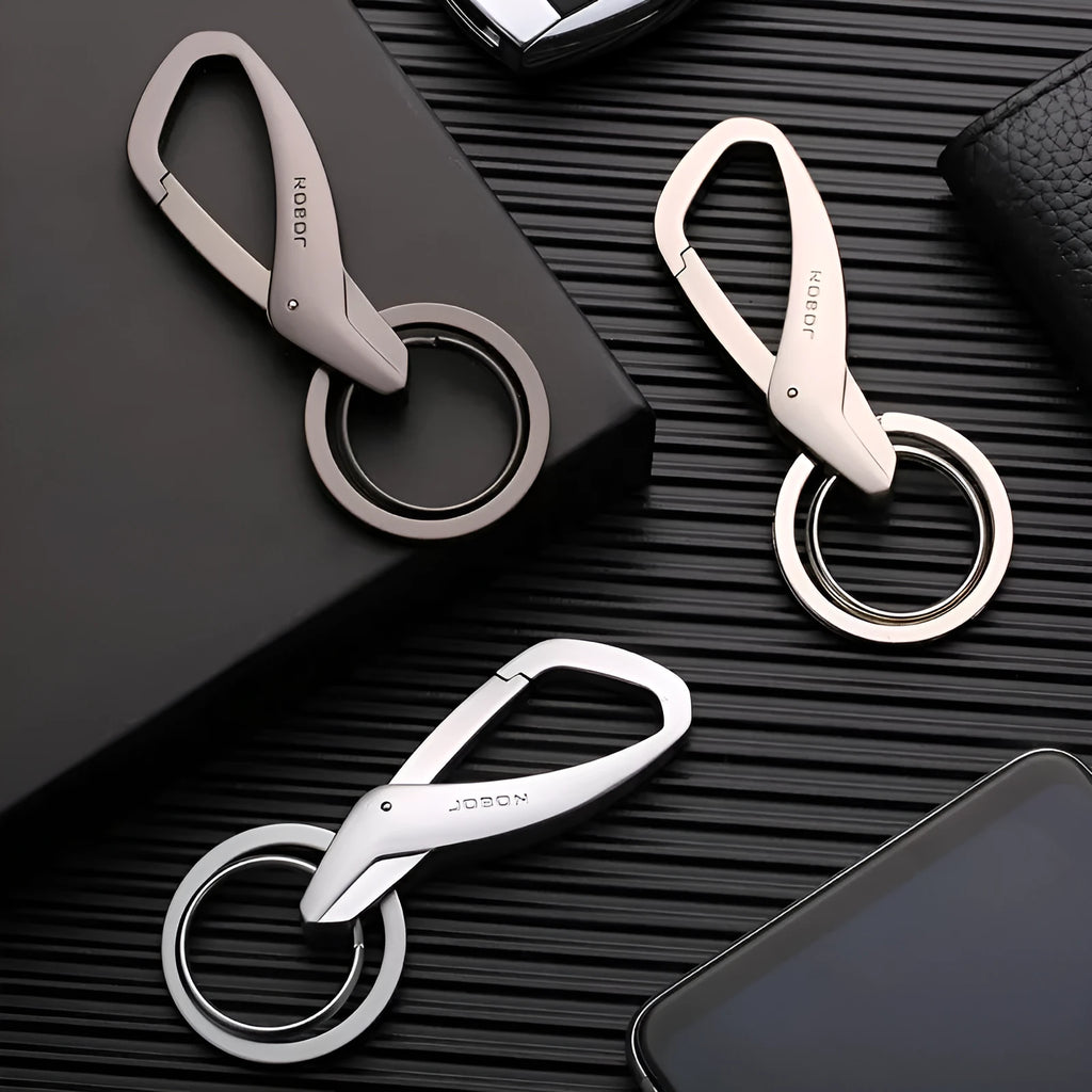 Zinc alloy double ring waist hanging keychain in black, chrome, or nickel finishes measuring 8.3x3.5cm