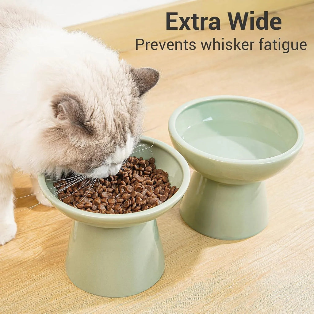 Ceramic elevated cat food bowl in blue, green, pink or white with wide shallow design