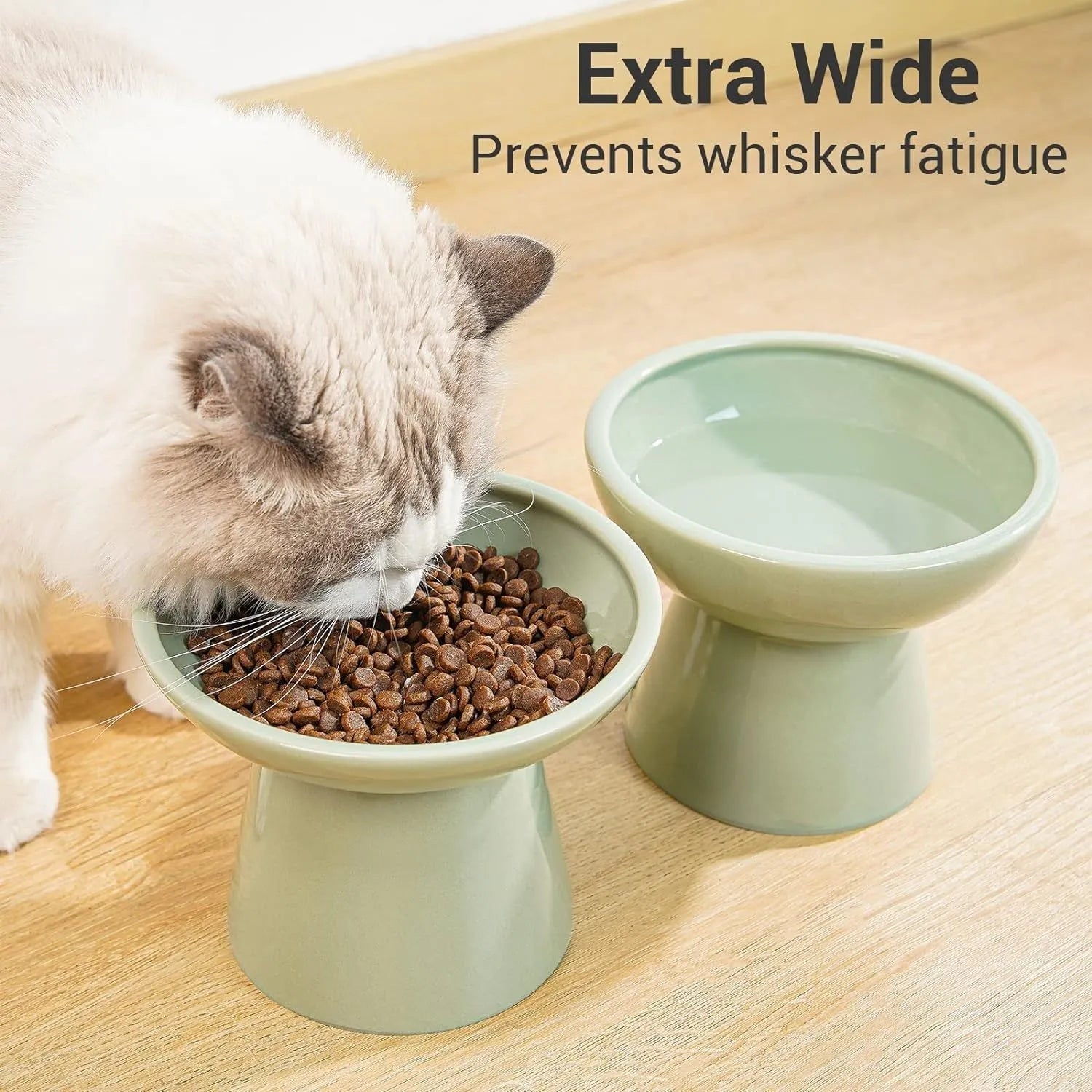 Ceramic elevated cat food bowl in blue, green, pink or white with wide shallow design