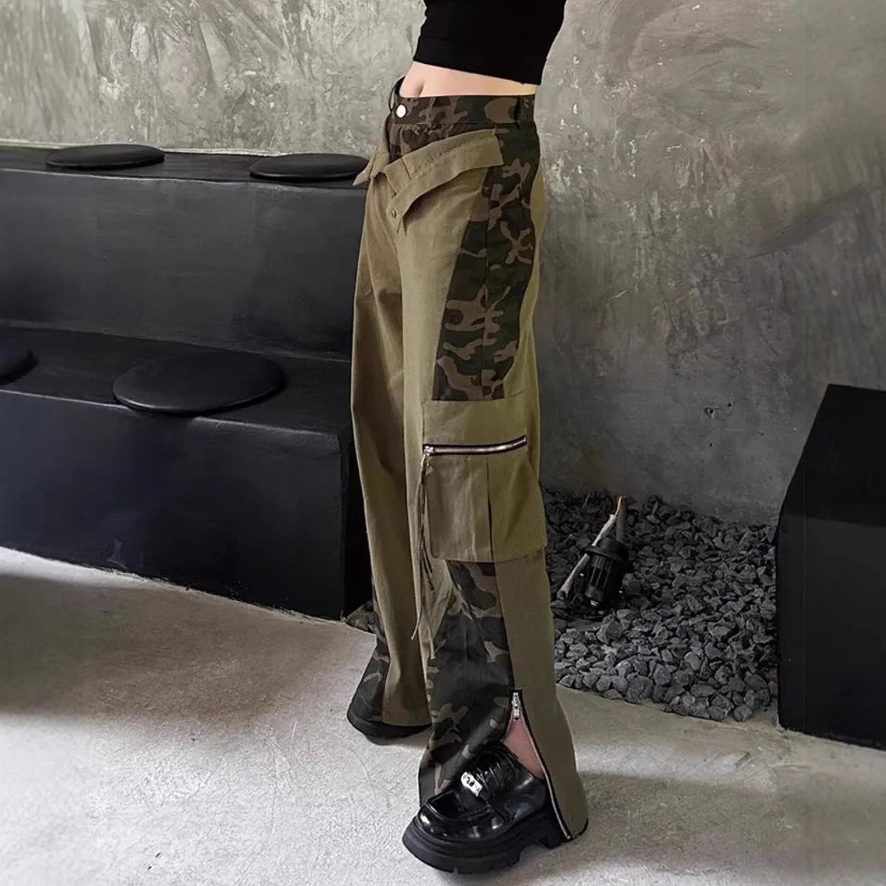 High waist straight leg jeans with dark khaki leopard print and fake stitching tooling design